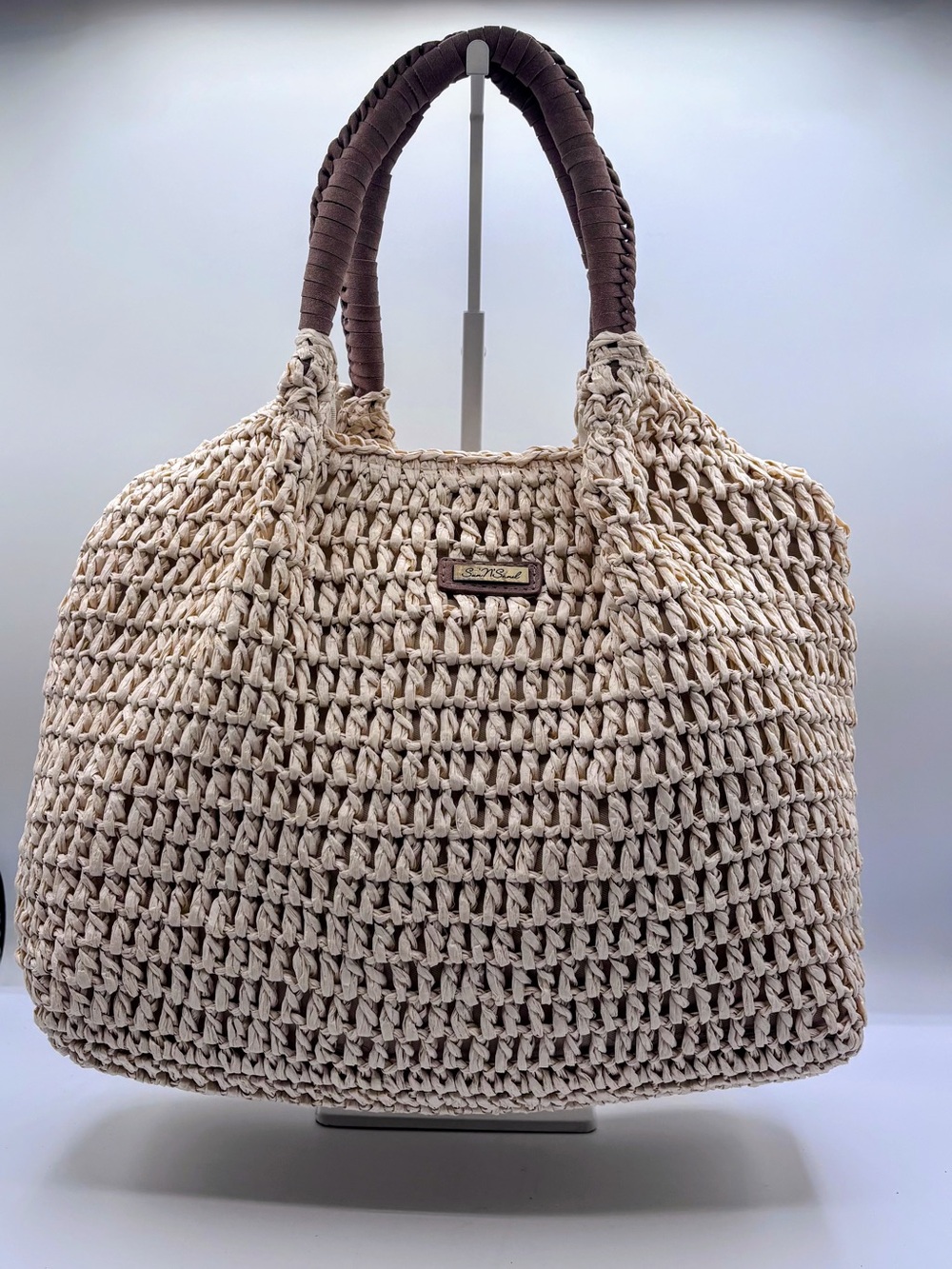 Beige Woven Tote with Brown Wrapped Handles